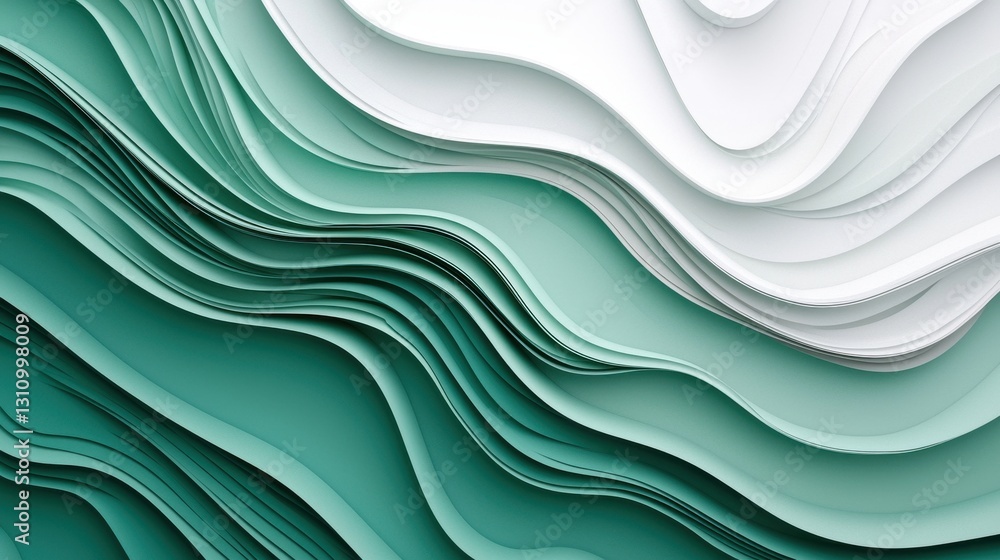 Poster abstract wavy pattern in green tones with layered paper effect