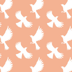 Endless seamless pattern with white silhouettes of birds on a pink background. Vector illustration for the design of textiles, stationery and wrapping paper. Migratory birds.