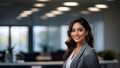 Young, happy, smiling Hispanic businesswoman, a female company employee or corporate manager, confidently standing in a modern office