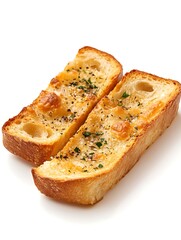 Close-up of freshly baked garlic bread slices on white background