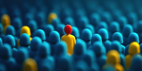 Fototapeta premium A vibrant representation of individuality, showcasing a red figure among a sea of blue and yellow figures, emphasizing uniqueness and standing out in a crowd.