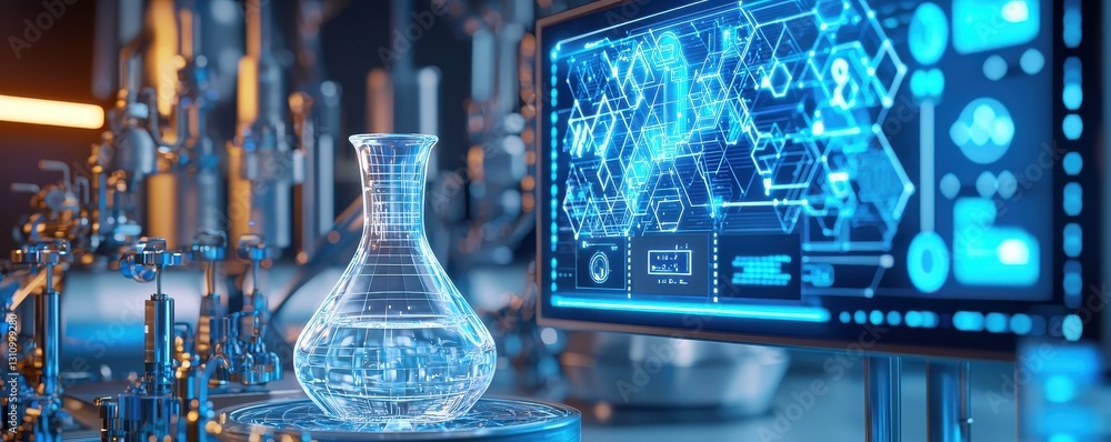 Poster a glass flask sits beside a digital screen displaying blue scientific data and diagrams in a modern 