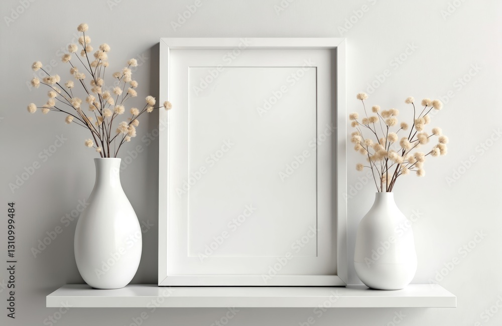 Aufkleber white blank frame mockup with vase and flowers. picture frame on light wall. modern scandinavian int
