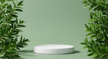 White round template podium mockup natural organic cosmetic product presentation advertisement with green fresh leaves nature frame flat lay background trendy stylish minimalist flatlay backdrop.