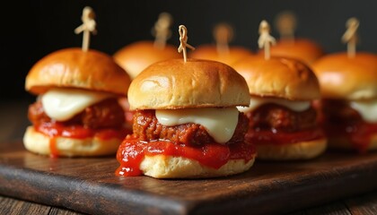 Mini meatball sliders with marinara sauce and melted mozzarella cheese on wooden board. Delicious homemade snack, appetizer or party food. Tasty gourmet sandwich with meatballs, tomato sauce.