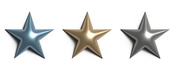 Obraz premium Stunning 3D Metallic Stars in Golden, Silver, and Blue with Glowing Reflections and Futuristic Design, Perfect for Cosmic, Abstract, and Digital Art Projects