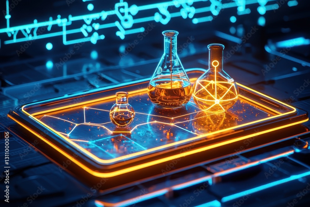 Poster a vibrant digital display featuring glowing laboratory glassware on a high-tech surface, blending sc