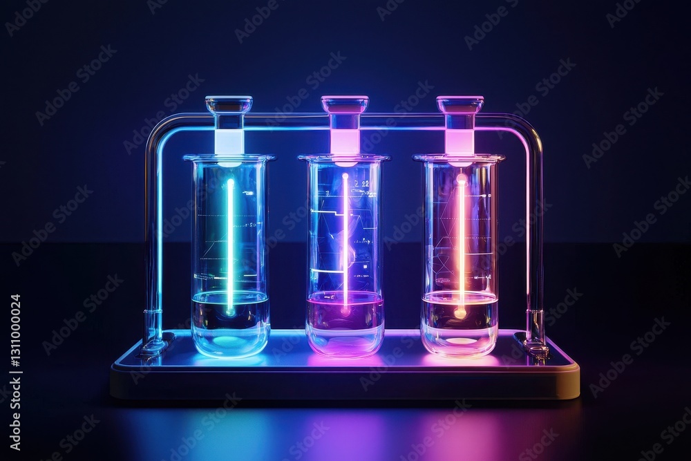 Poster a vibrant display of illuminated test tubes in a laboratory setting, showcasing colorful liquids und