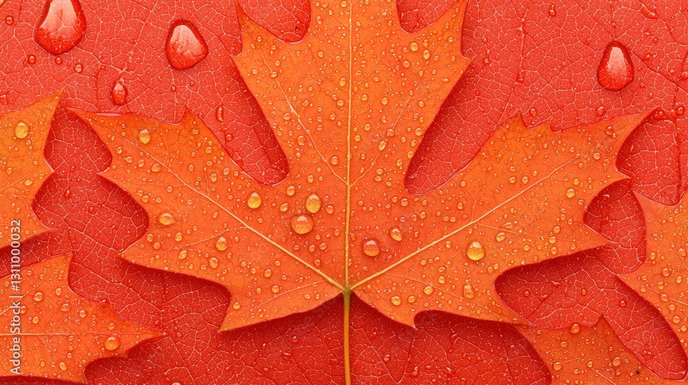 Poster a close-up image of a single maple leaf with water droplets on its surface.
