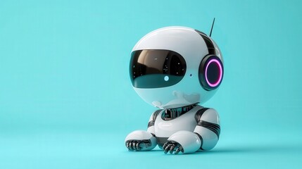 Cute white robot sitting on blue background.
