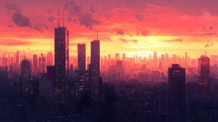 Panoramic Sunset View Over Urban Skyline with Vibrant Warm Colors and Silhouetted Buildings