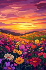 Fototapeta premium Vibrant sunset over colorful flower field