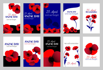 Anzac day vector social media templates with poppy flowers