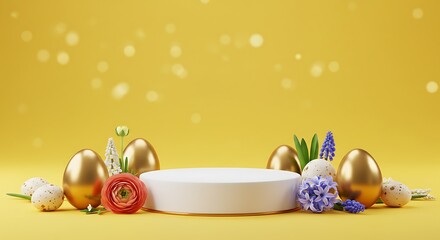 Easter background concept. Empty round podium, easter gold eggs with spring flowers on a yellow background