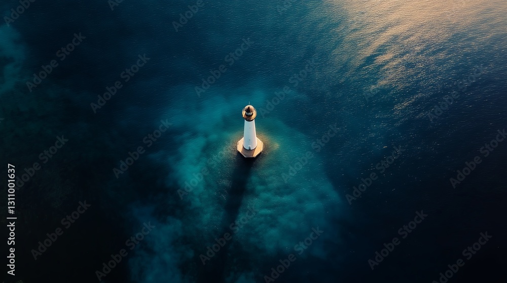 Poster a tiny lighthouse in the middle of a vast, deep blue ocean