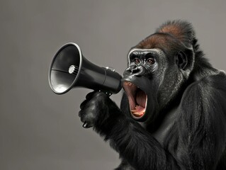 Fototapeta premium A gorilla is shouting into a megaphone and appears angry