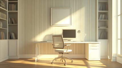 Sunlit home office workspace, bookshelves, calm background, design inspiration