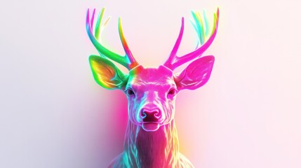 Neon deer head, vibrant colors, white background, art
