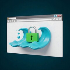 A browser window with a green padlock and safe surfing waves, illustrating safe online activities