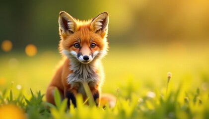 Naklejka premium Adorable red fox kit, curious gaze, sunny field , face, crafty
