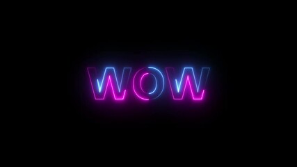 Wow neon sign animation. Glowing neon lines wow text animation on black background. Seamless loop. neon luxury wow text animation.