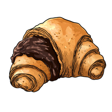 Chocolate Croissant Illustration Delicious Pastry with Filling Isolated on White or Transparent Background, Food and Drinks Concept
