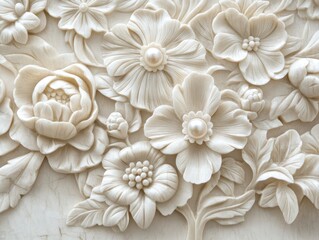 Intricate carved stone floral wall art, beige background