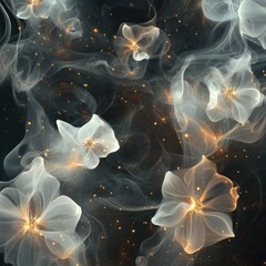 Ethereal smoky flowers with golden centers on dark background.
