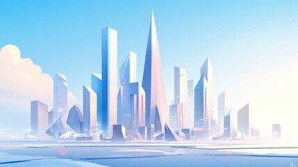 Obraz premium Futuristic city skyline sunrise, calm waters, urban development