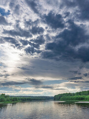 Cloudy sky with a lake in the background