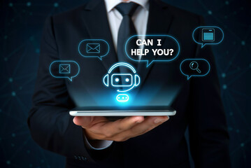 AI agent concept. Virtual assistant interacting through a tablet in a business setting.