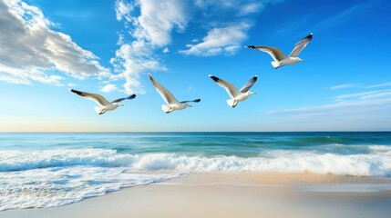 Obraz premium Coastal Flight: Seagulls soaring above the shoreline, captured against a backdrop of a vibrant beach and clear blue skies