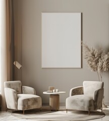 Minimalist living room with two beige armchairs. a round coffee table. and a large blank canvas on the wall