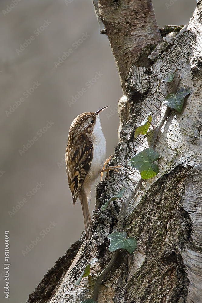 Aufkleber A tree creeper, Certhia familiaris, is captured from the side in a familiar pose as it runs up a silver birch tree. There is space for copy text around the bird