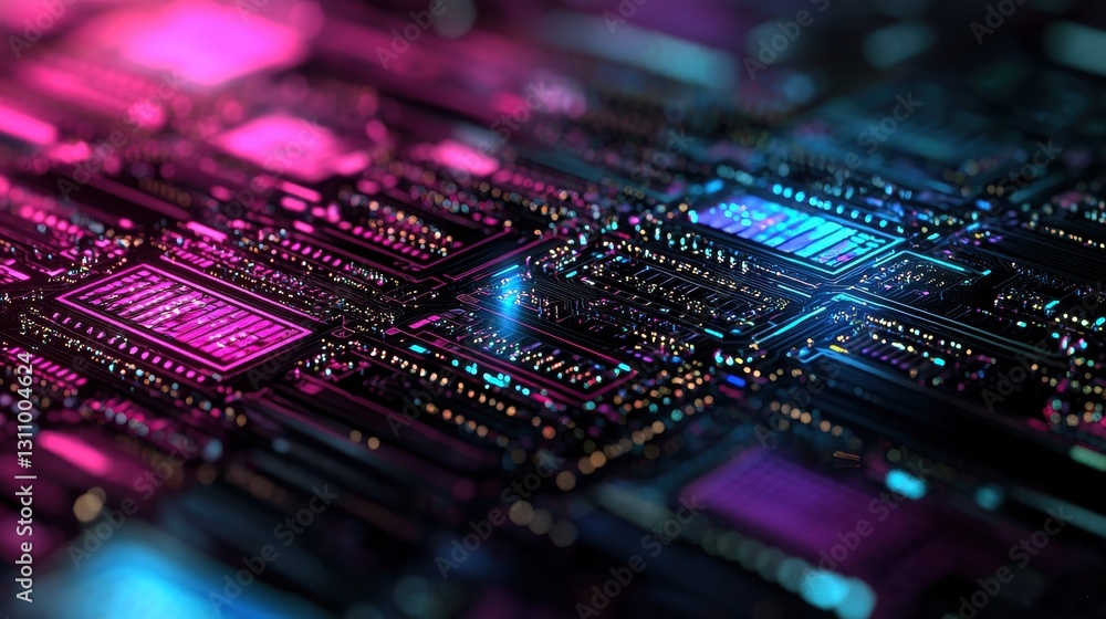 Poster abstract colorful circuit board with neon lights and patterns