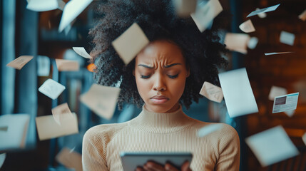 A freelancer looking stressed, receiving multiple urgent notifications while trying to focus, capturing the pressure and distractions of freelance work.
