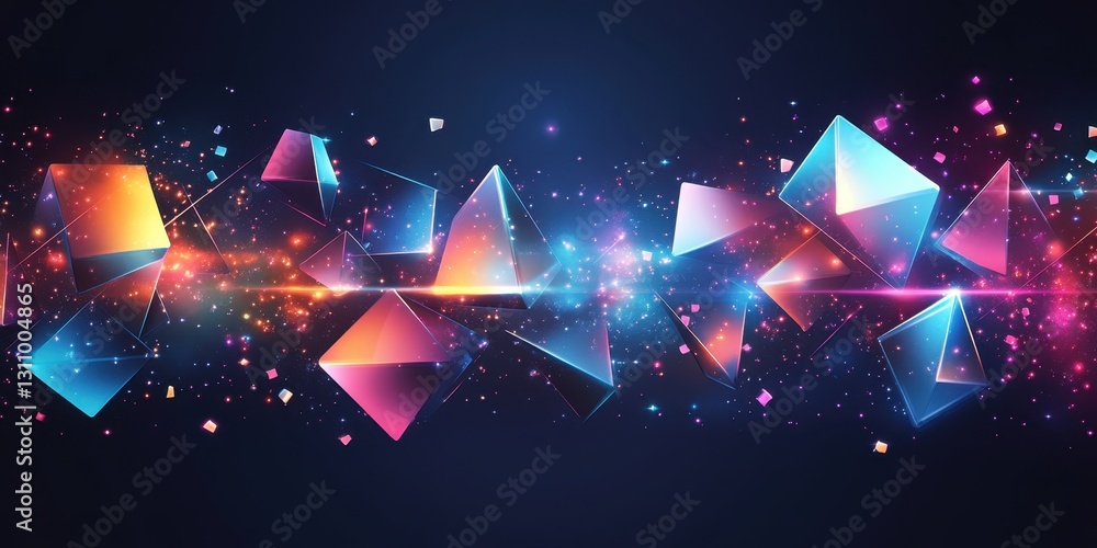 Poster abstract geometric composition with colorful light reflections and sparkling particles