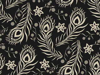 Peacock feather seamless pattern bohemian flower seamless pattern floral hand drawn print design.