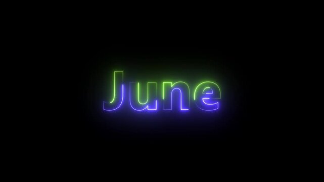 Glowing colorful neon text month of June. Neon light sign with the name of the month of June. Abstract glowing June text neon light effect background animation.