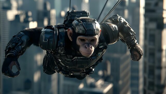 A futuristic monkey in a high-tech suit gliding through a city skyline, showcasing a blend of nature and advanced technology. Concept Futuristic Monkey, High-Tech Suit, Gliding Action, City Skyline