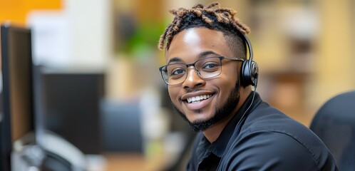 Obraz premium A customer service representative answering calls at a desk, with room for a logo