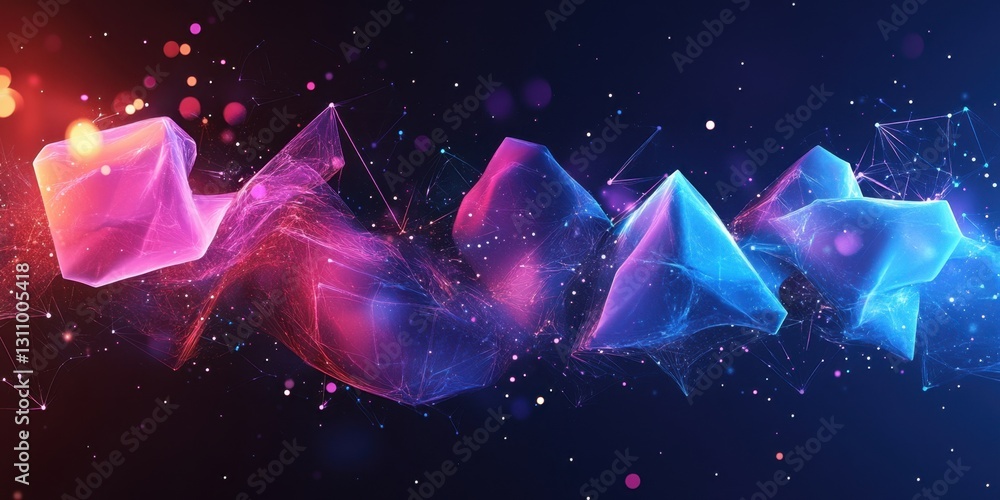 Poster abstract representation of colorful geometric shapes against a dark background with light particles