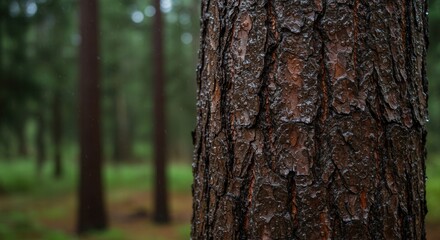 Obraz premium Close-up of Wet Tree Bark in a Forest During Rainfall