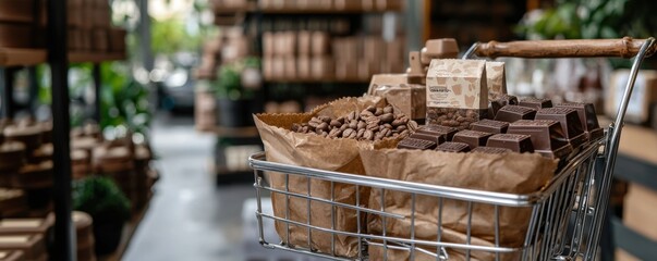 A shopping cart filled with assorted natural products, including chocolates and soaps, set in a cozy store environment.