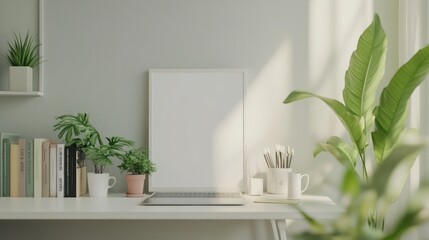 Modern minimalist home office desk setup with laptop, plants, and blank frame