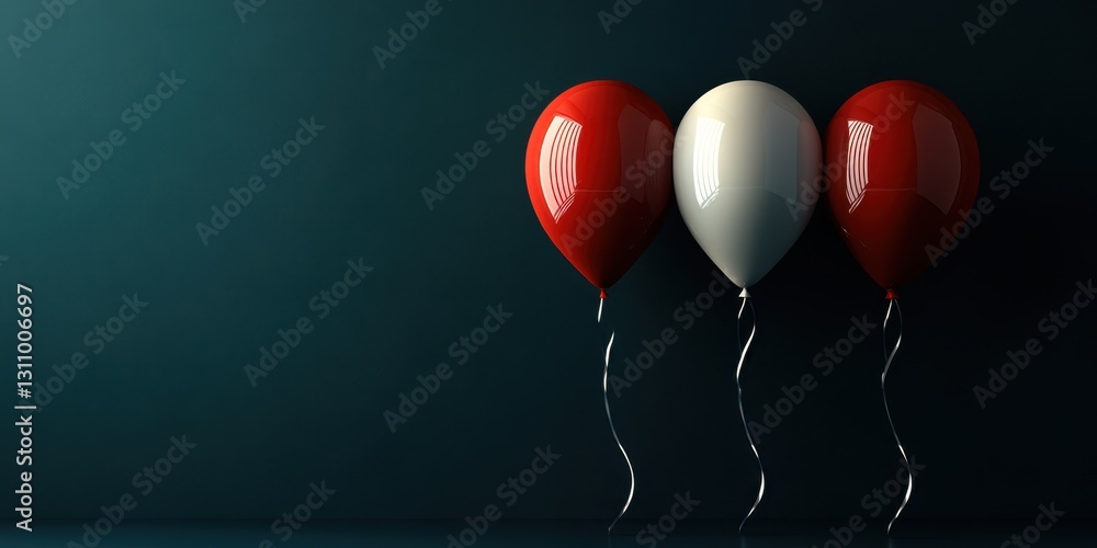 Poster three glossy balloons in dynamic arrangement against a dark background creating a festive atmosphere