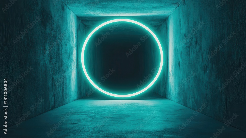 Poster neon circular light in dark tunnel with grungy walls and floor