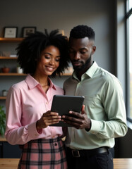 two young african american men and women working together on laptop in stylish office