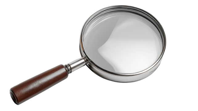 A magnifying glass with a silver frame and leather grip, isolated on a transparent background, suitable for historical or research-focused designs."