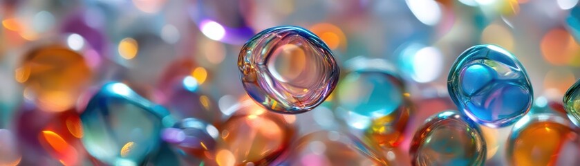 A vibrant close-up of an assortment of colorful glass beads scattered on a wooden table, showcasing their intricate designs and shimmering surfaces that catch the light beautifully.